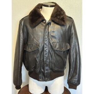 Vintage Sears Leather Shop Bomber Flight Jacket 44 Reg Shearling Lined Brown USA